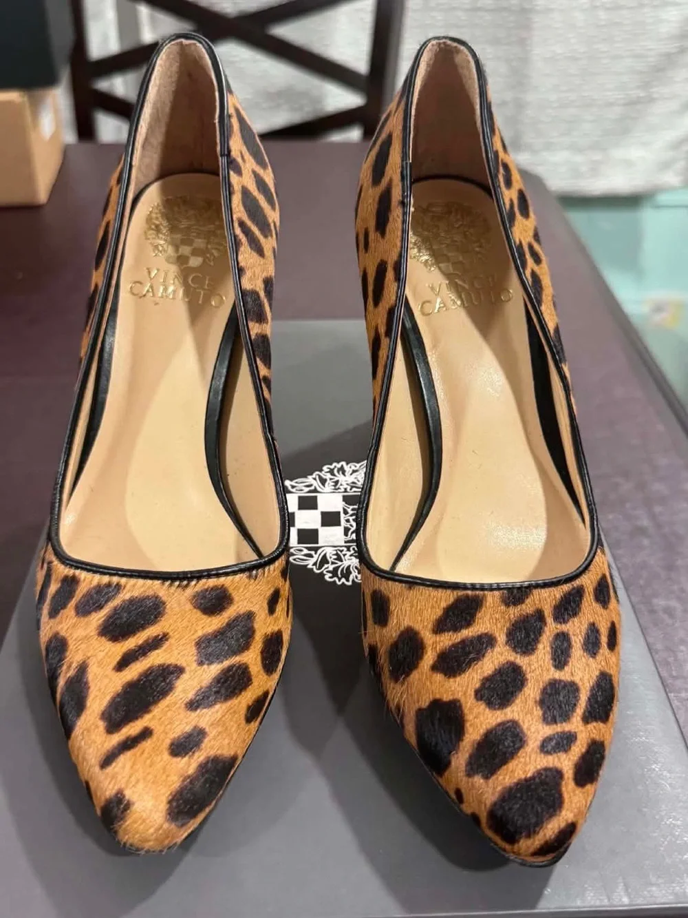 Vince Camuto Leopard-Print Block Heel Pumps in Tan and Black